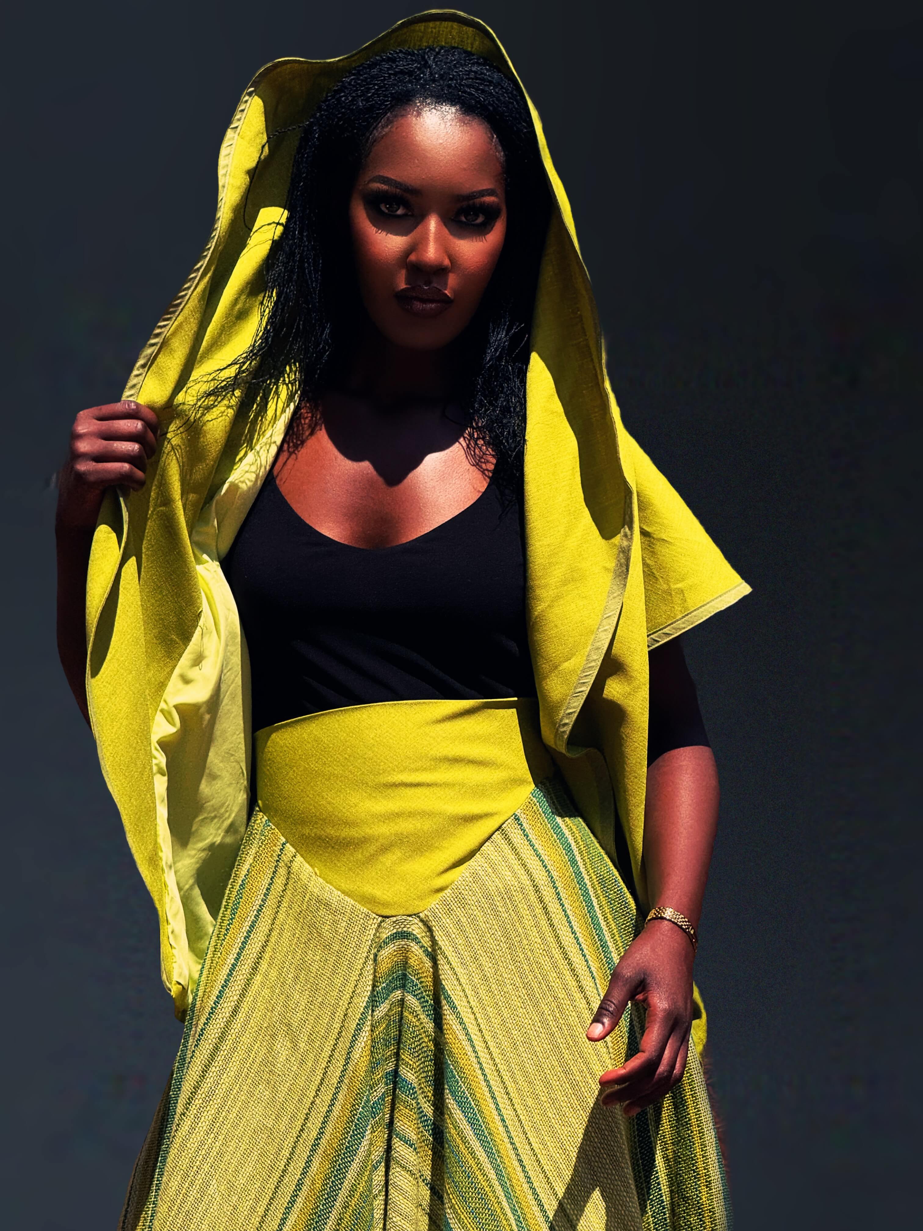 The Layali Reversible Wrap, mustard and moss striped hood