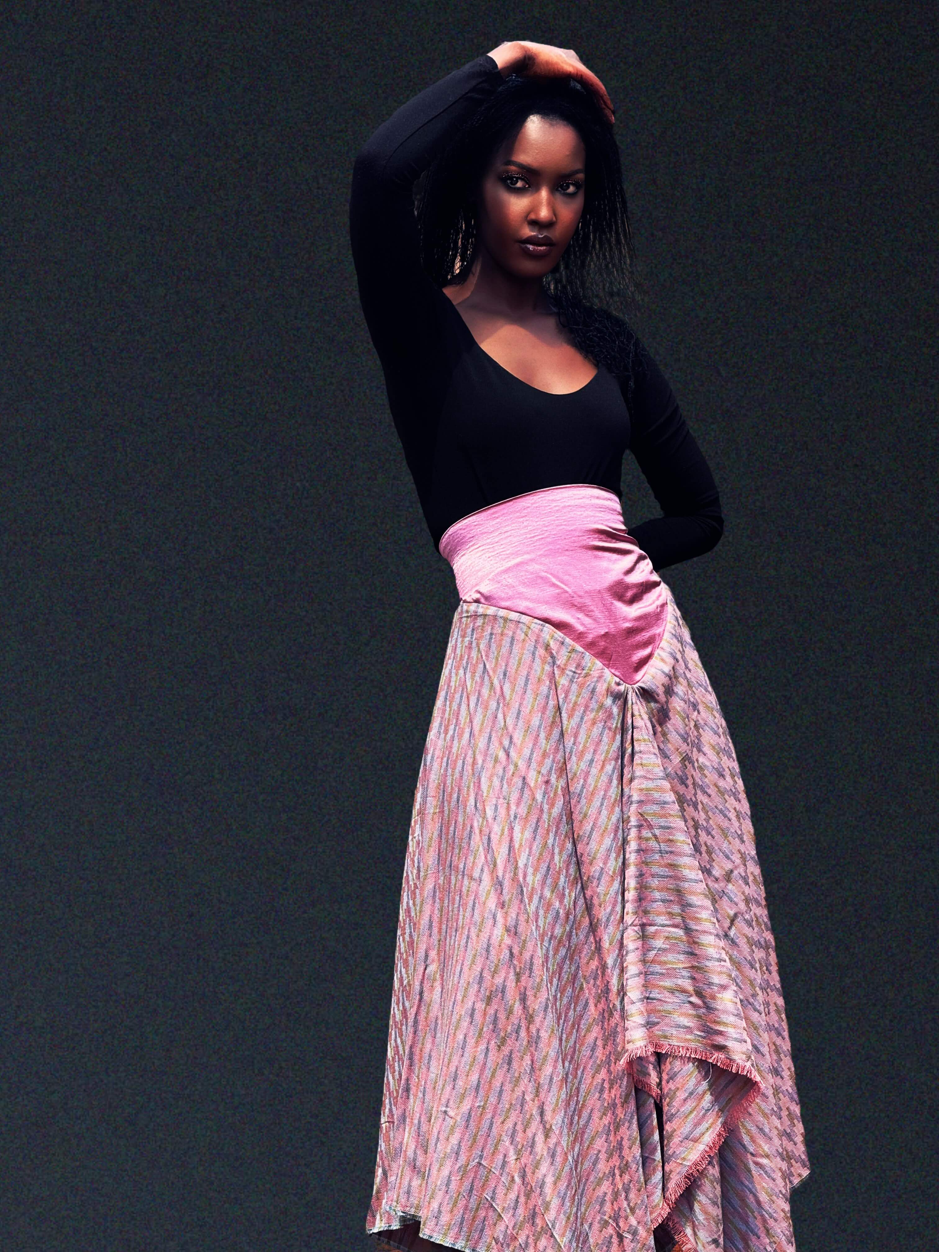 The Layali Reversible Wrap, reverse side in blush and lilac stripe with satin waistband