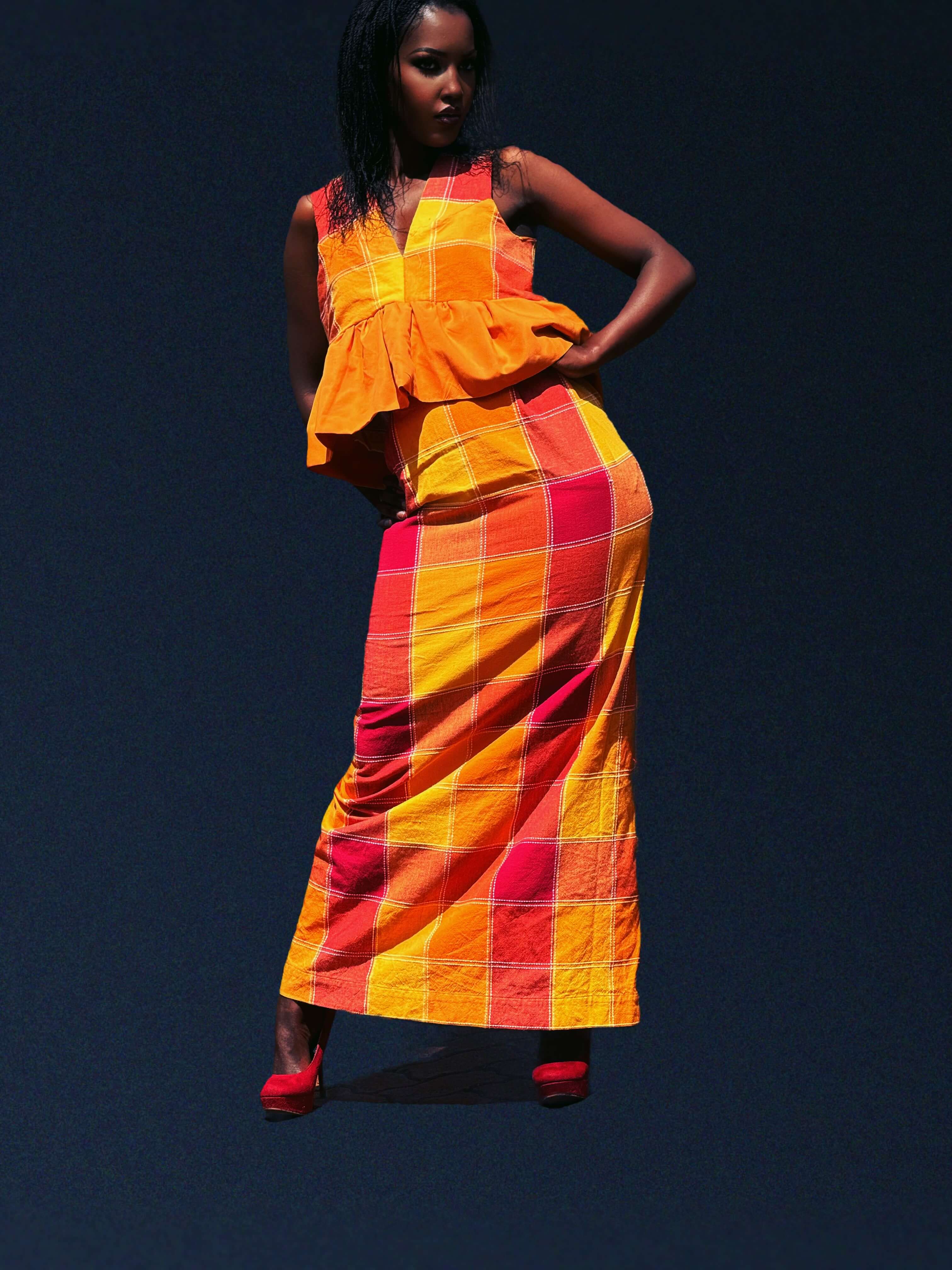The Sahar Peplum Set, orange windowpane check